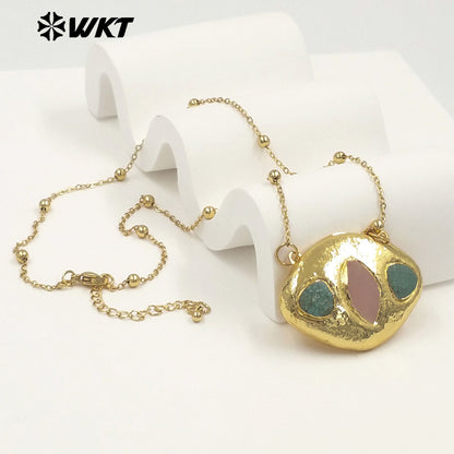 WT-N1529 Boutique 18K Gold Plated Thin Bead Chain With Three Natural Gemstones Pendant Necklaces As Women Elegant Jewelry