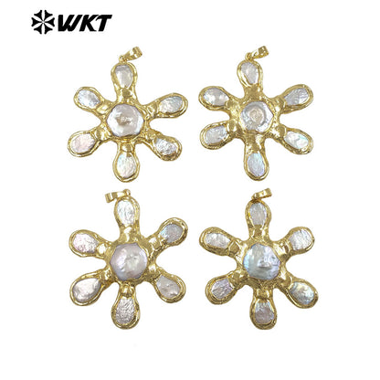 WT-JP510 Luxury Vintage Style Gold Electroplated Multi Natural Freshwater Pearls Flower Shape Pendant For Lady DIY Necklace