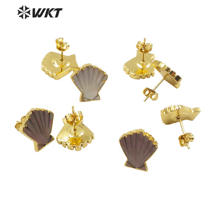 WT-E603 New Exclusive Design Fashion Gold Trim Sector Shell Studs Boho Style Charm Jewelry Natural Shell Studs