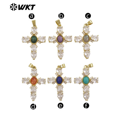 WT-MP320 New Arrival 18K Gold Plated Natural Stones And Zircon Cross Pendants For Lady Trendy Necklace DIY Accessories