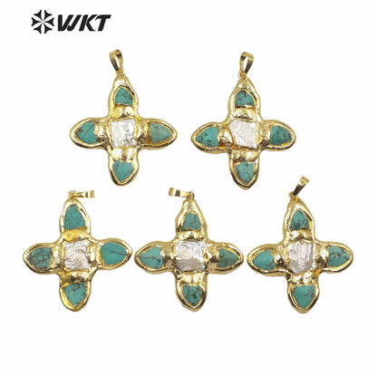 WT-P2010 Popular Sales Gold Plated Natural Gemstones Amazonite Amethyst Stone With Pearl Cross Shape Pendant For Jewelry DIY
