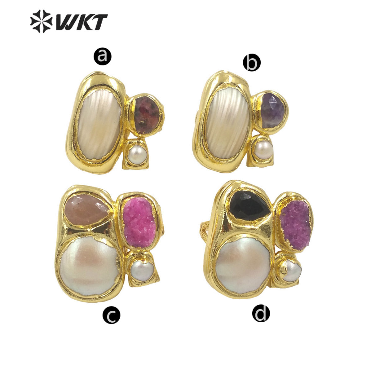 WT-MPR083 Newest Exclusive WKT Design 18k Real Gold Plated Resist Tarnishable Multi Stone and Pearl Women Ring in Adjustable