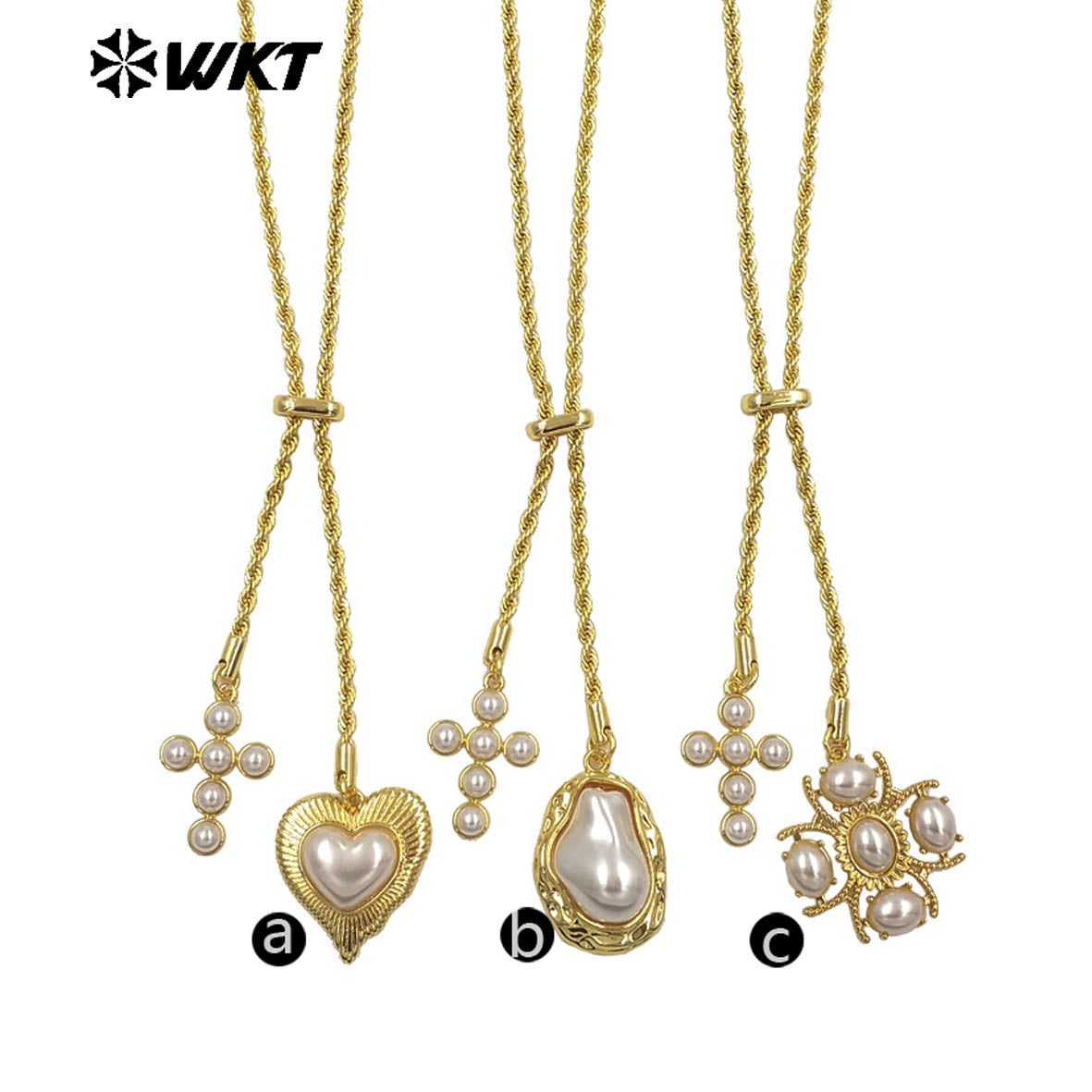 WT-JFN52 Elegant Style Brass And Artificial Pearl Gold Plated Cross Heart Shape Charms Metal Necklace For Friends Romantic Gift