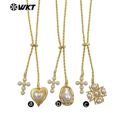 WT-JFN52 Elegant Style Brass And Artificial Pearl Gold Plated Cross Heart Shape Charms Metal Necklace For Friends Romantic Gift