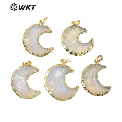 WT-P1570 Wholesales Gold Electroplated Natural Hammer Raw Opal Stone Moon Pendant Hot Gold Natural Crescent Moon Opal Pendants