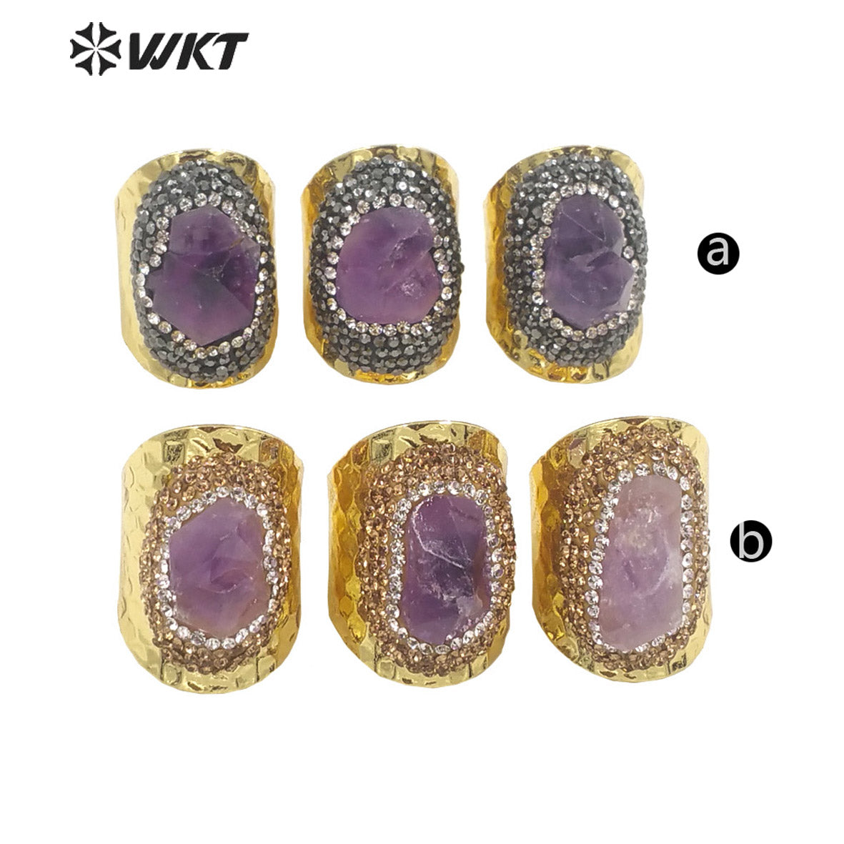 WT-R447 WKT New Design Natural Brazil Cluster Amethyst Stone Ring Fashion Gold Rhinestone Ring for Party Lucky Ring
