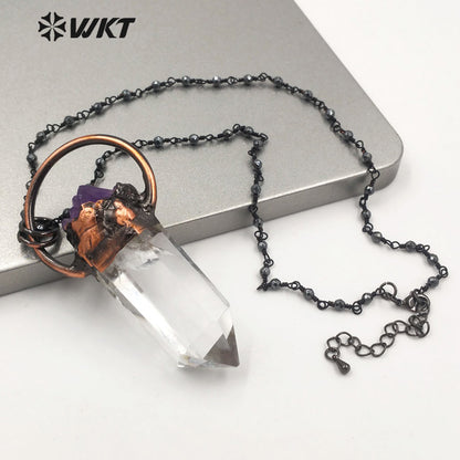 WT-N1263 Women Antique Copper Plated Crystal Quartz with Amethyst Necklace Boho Vintage Natural Quartz Point Necklace
