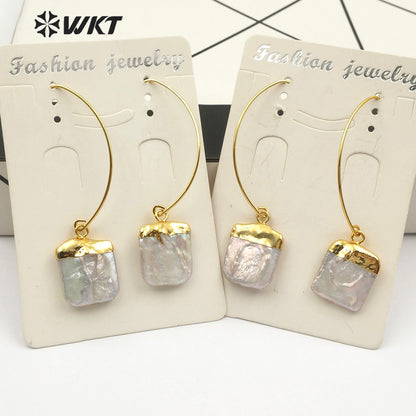 WT-E492 Gold Capped Pearl Pendant With Metal Hoop Vintage Pearl Jewelry for Women Square Shape Natural Freshwater Pearl Earring