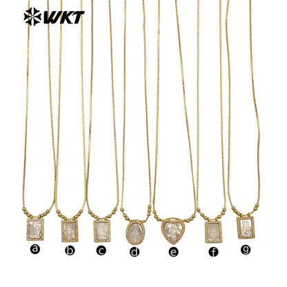 WT-JN389 Trending Religious Style 18K Gold Plated Oval And Square White Shell Pendant Necklace For Women Daily Wearing