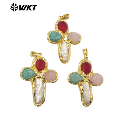 WT-JP382 Classic Cross Shape With Colored Natural Stone Pearl and 18k Gold Plated Pendant for Necklace Accessory