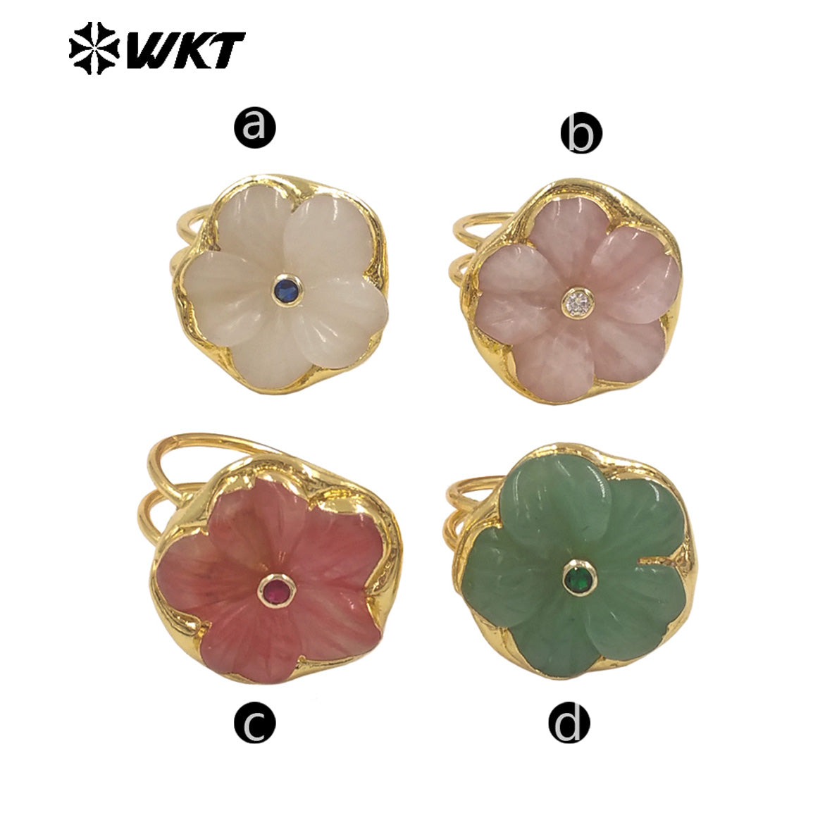 WT-R611 Exquisite Hot Sale Gold Plated Zircon And Natural Gemstones Carved Flower Shape Rings For Friends Birthday Jewelry Gift