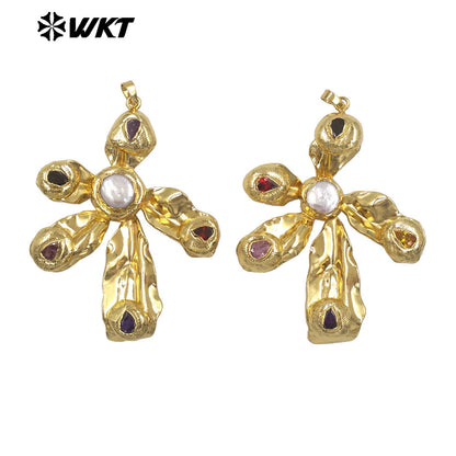 WT-JP454 Gorgeous Gold Plated Natural Freshwater Pearl And Cubic Zircon Windmill Shape Charm Pendant For Fashion Jewelry Making
