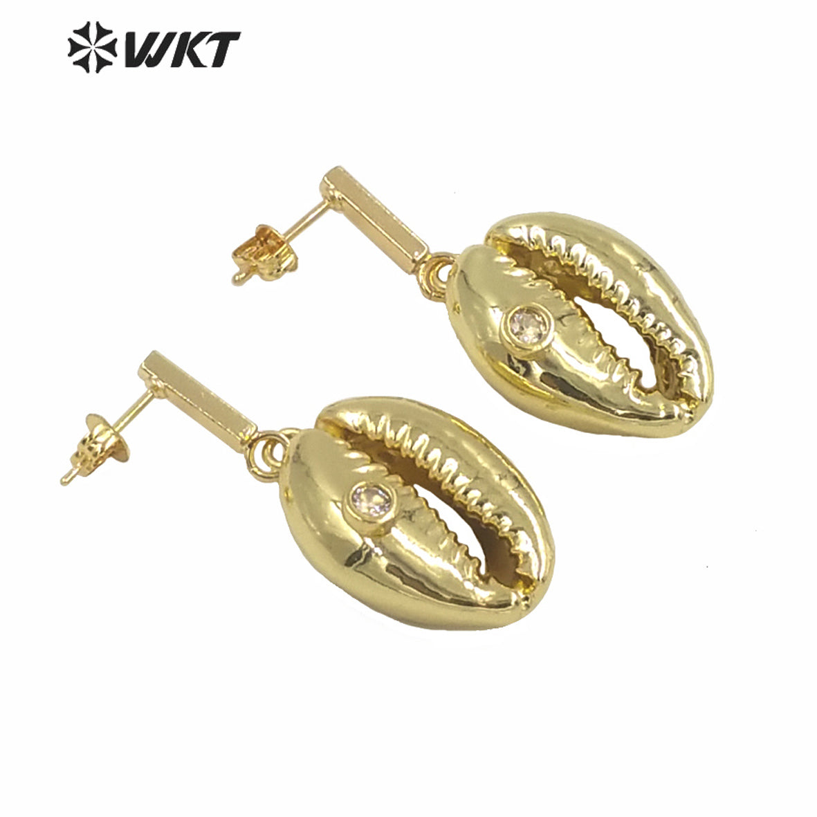 WT-MPE048 WKT Amazing Gorgeous Natural Full Gold Dipped Cowrie Shell Earrings Fashion Lady Charming Dangle Conch Shell Earrings