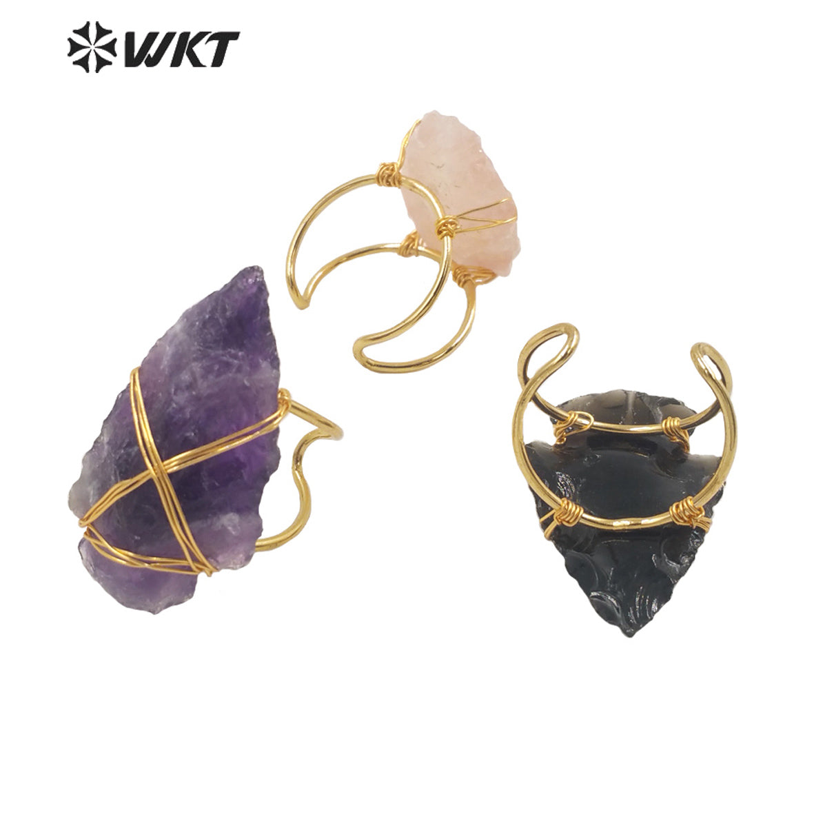 WT-R390 WKT 2022 Boho Style Women Wire Wrapped pink Quartz Arrowhead Ring for Women New Fashion Statement Ring Party
