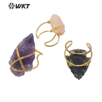 WT-R390 WKT 2022 Boho Style Women Wire Wrapped pink Quartz Arrowhead Ring for Women New Fashion Statement Ring Party