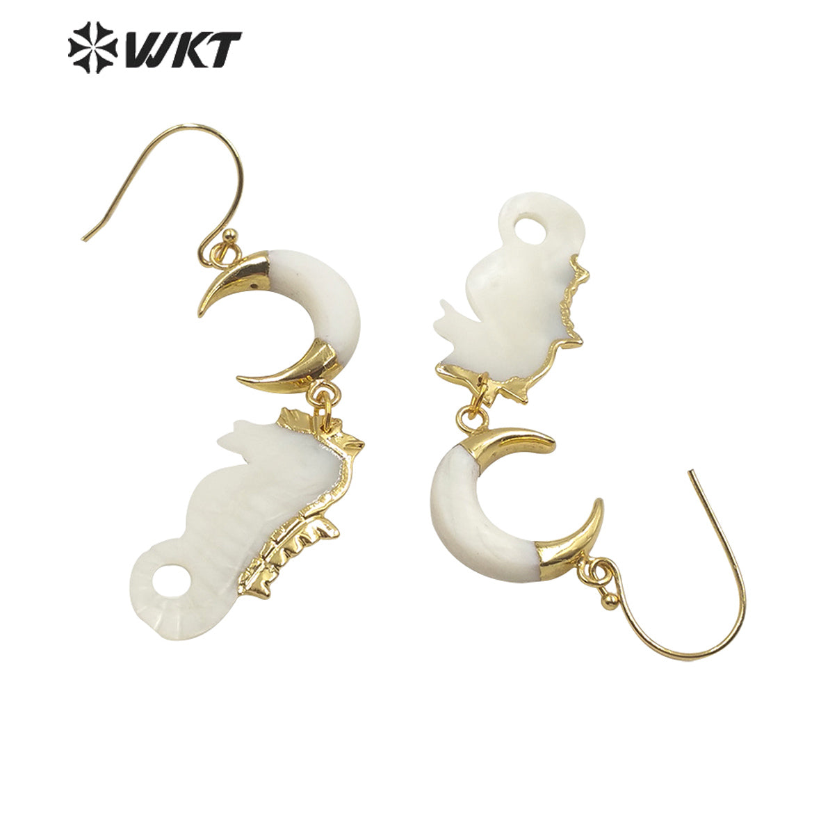 WT-E597 Newest Gold Electroplated Hippocampus Shell Earring Boho Vintage Lady Crescent Horn Shell Long Earrings