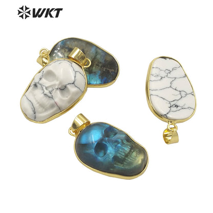 WT-P1749 Amazing Fashion Bright Hand Carved Natural Labradorite Skull Pendant Hot Loose Gemstone for Gift and Party so Nice