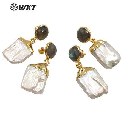 WT-MPE006 Wholesale Natural Pearl With Labradorite Stone Earring Fashion Lady Pearl Earring Charming Labradorite Earring