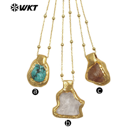 WT-N1500 Exquisite Gold Electroplated Natural Quartz And Turquoise Stone Irregular Pendant Necklace For Women Daily Decoration
