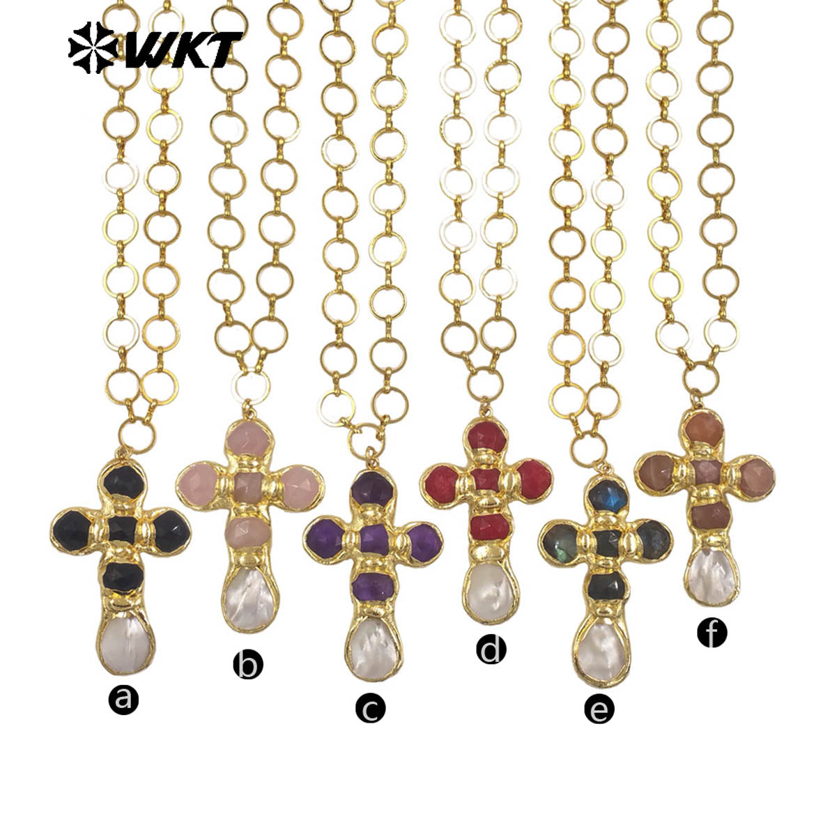 WT-JN374 Factory Wholesale Metal Chain With Natural Gemstone And White Shell Cross Pendant Necklace As Girl Daily Jewelry