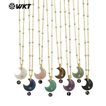 WT-N1530 Factory Wholesale Multiple Natural Gemstones Moon Shape Gold Little Pendants Necklaces For Lady Birthday Gifts