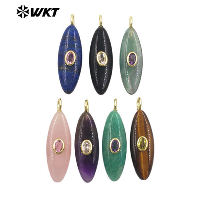 WT-P2053 Popular Style Zircon Gold Plated Natural Gemstones Long Oval Shape Pendants For Women Necklace Making Findings