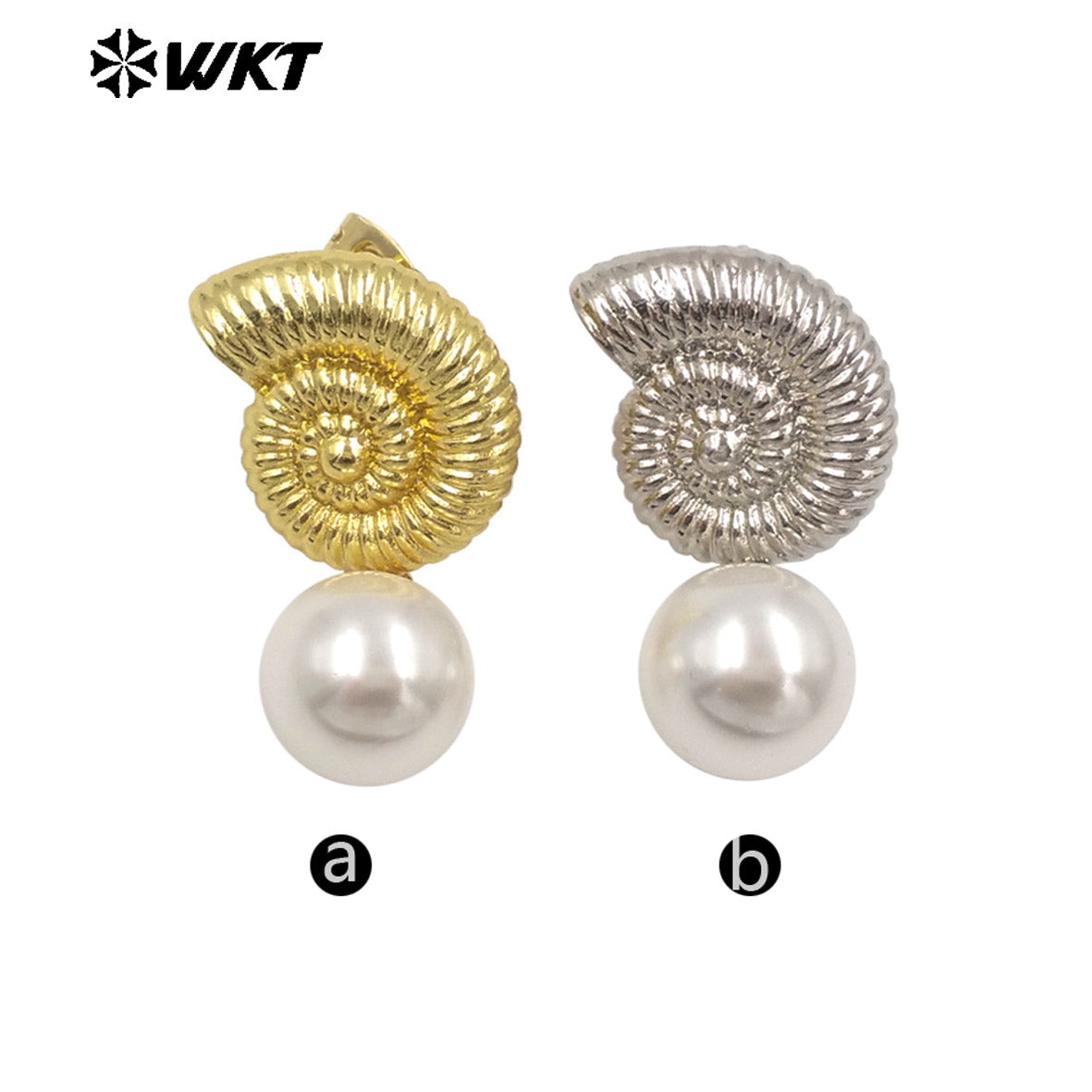 WT-ME132 Fashion Gold And Silver Plated Shell Shape Double Designs Brass With Artificial Pearl Earrings For Women Daily Wearing