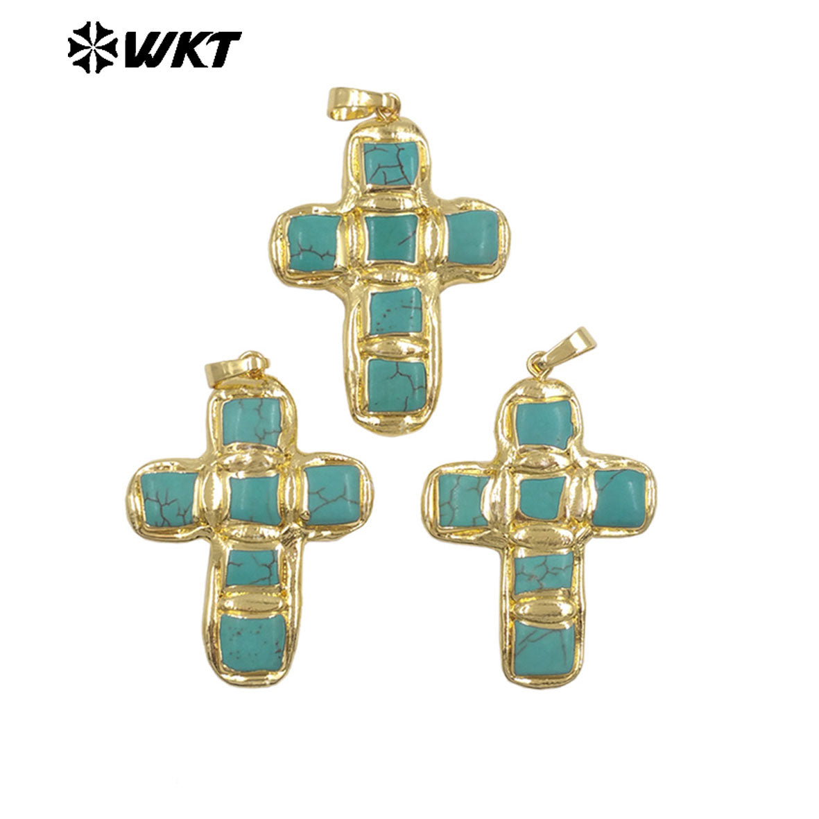 WT-P2037 Newest Religious Style Gold Plated Square Six Natural Turquoise Stones Cross Pendants For Handmade Fashion Gifts