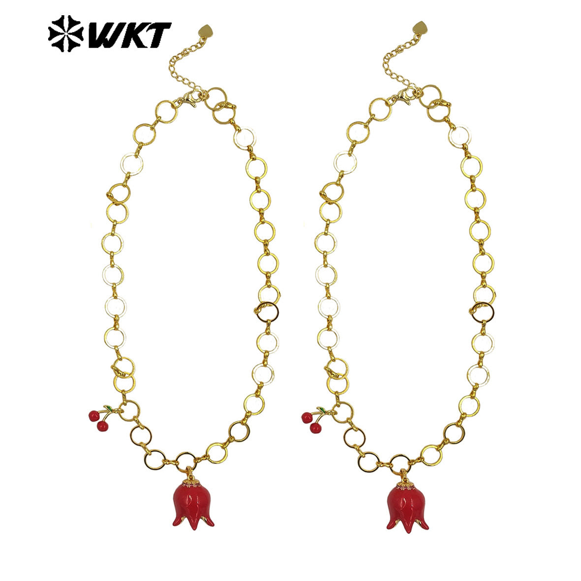 WT-JFN39 Fashion Romantic Style Women Necklace With Flower And Cherry Charms Round Gold Plated Chain High Quality Jewelry