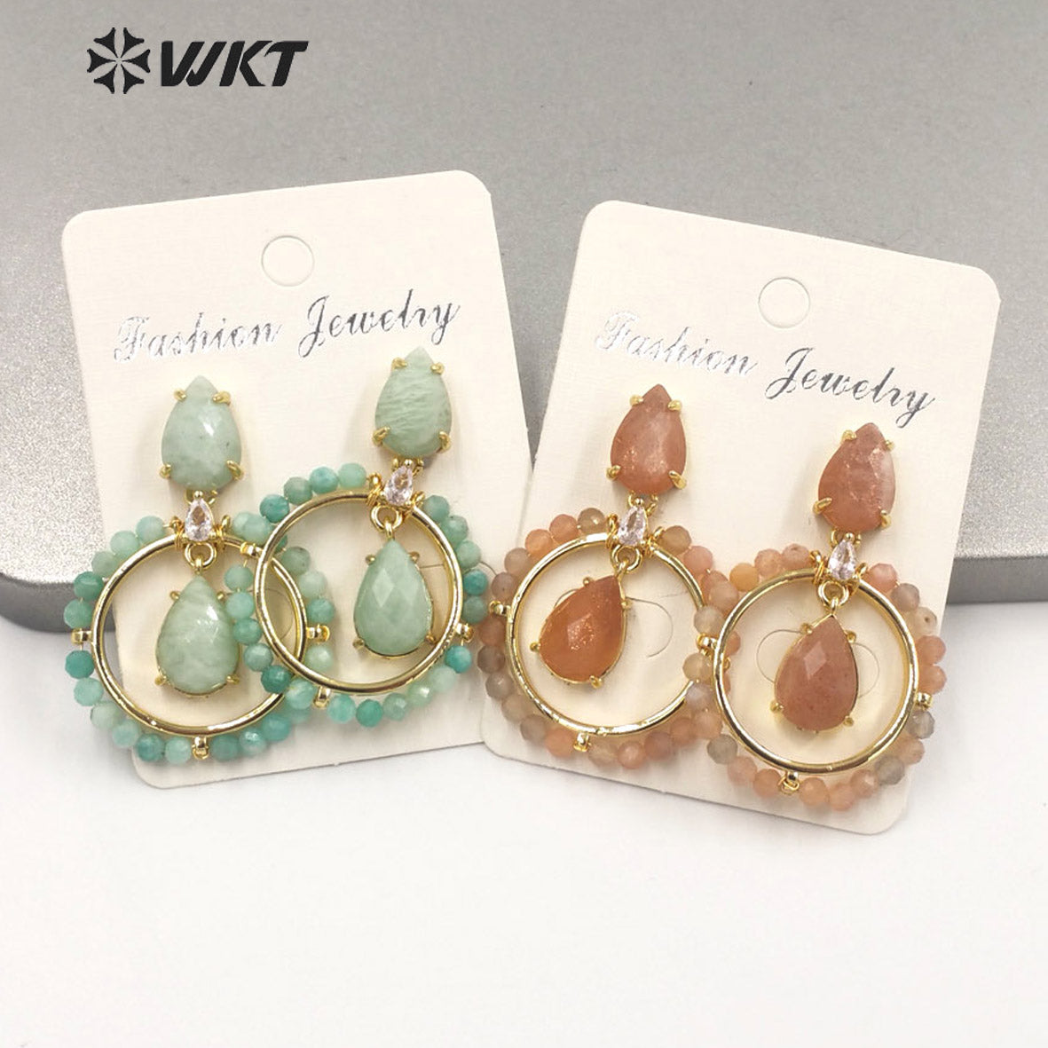 WT-E714 WKT Newest Summer Design Gorgeous Multi Natural Gemstone Big Hoop Earrings Gold Plated Lead Free Amazonite Stone Studs