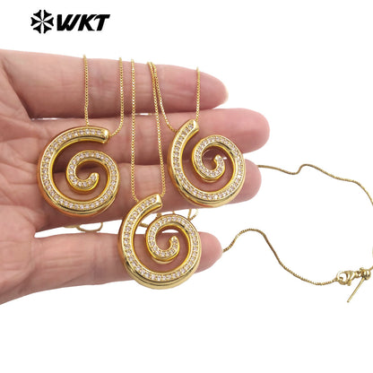 WT-JFN62 New Product Thin Chain Gold Plated Yellow Brass And Zircon Spiral Shape Pendant Necklace As Girls Birthday Gift