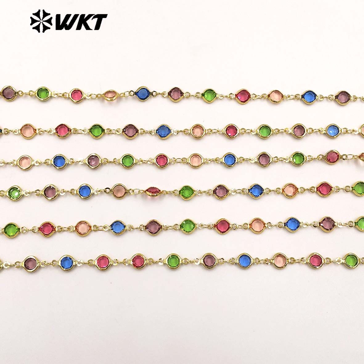 WT-BC281 Beautiful Colorful Round Crystal And Gold Electroplated Yellow Brass Metal Chain For Elegant Necklaces Making