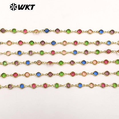 WT-BC281 Beautiful Colorful Round Crystal And Gold Electroplated Yellow Brass Metal Chain For Elegant Necklaces Making
