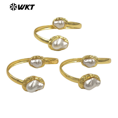 MPB133 Popular Simple Design 18K Gold Plated With Two Artificial Pearls Lady Cuff Bangles For Daily Wearing Decorations