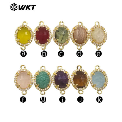 WT-C336 Stylish Little Zircon Round Colorful Natural Gemstone Double Hoop Connector Pendant for Women DIY Necklace Accessories
