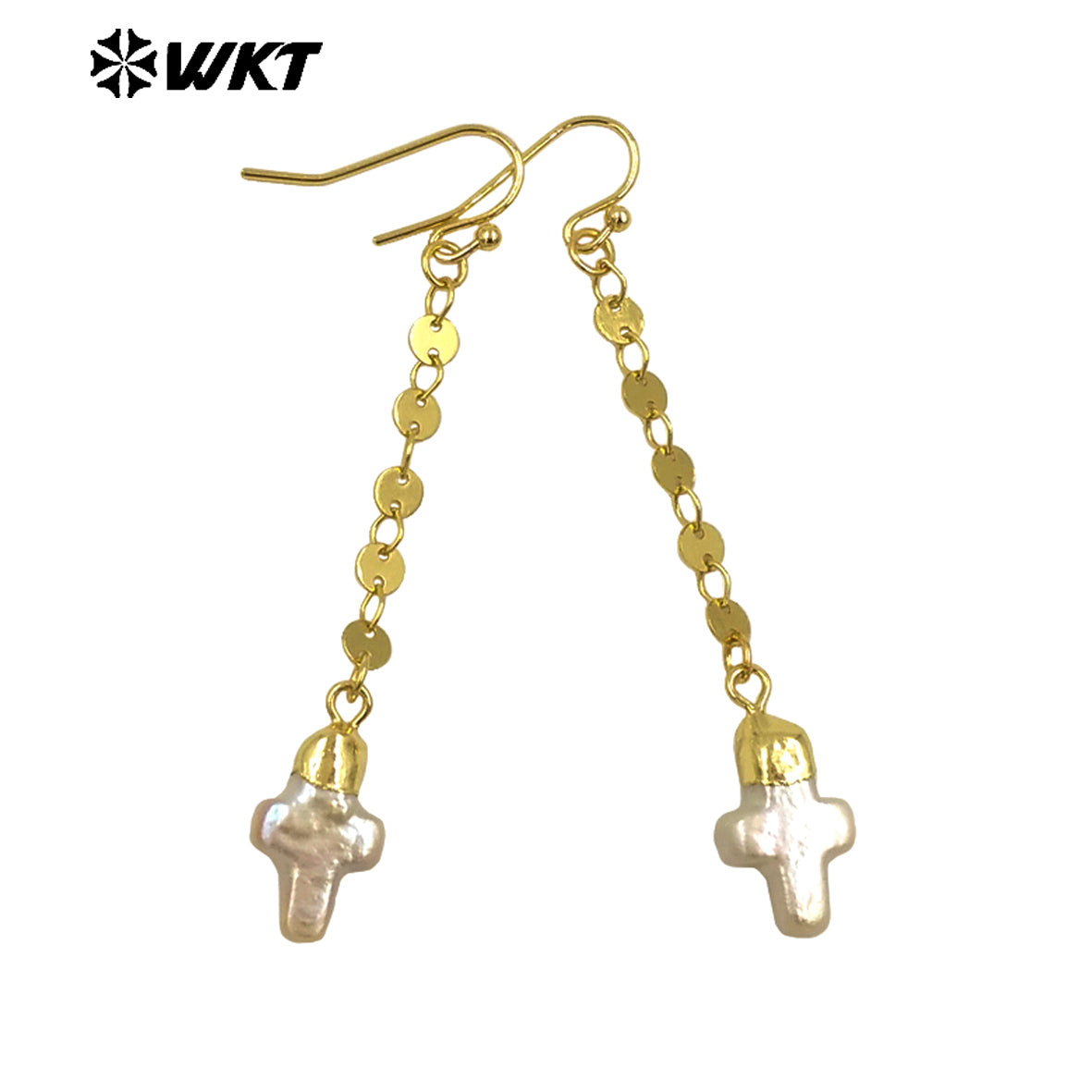WT-MPE144 Small Religious 18K Gold Plated Natural Pearl Long Chain Cross Shaped Earrings Women's Delicate Jewelry Accessories
