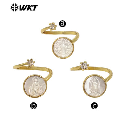 WT-MPR092 WKT New Christian Jewelry Design 18K Gold Plated Adjustable Religious Virgin Mary Ring With Zircon Stone