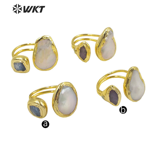 WT-MPR036 Refined Elegant Ladies Rings Blue Kyanite 18k Gold Plated Rings Open Adjustable Size Natural Pearl Gemstone Rings