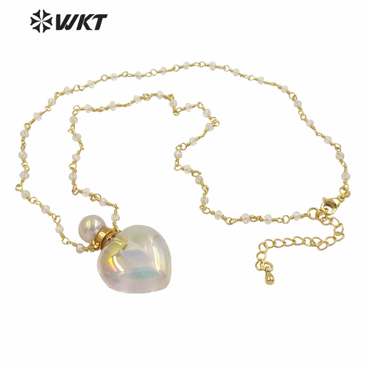 WT-N1237 WKT Amazing Aura Gold Electroplated Crystal Quartz Heart Shape Perfume Bottle Necklace Aura Stone Crystal Necklace