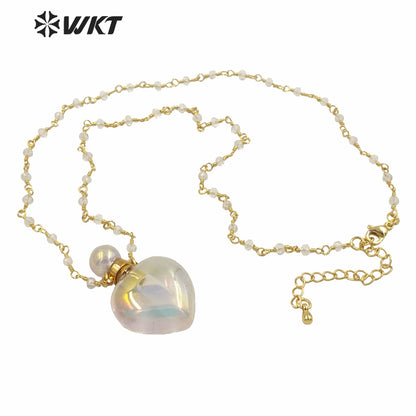 WT-N1237 WKT Amazing Aura Gold Electroplated Crystal Quartz Heart Shape Perfume Bottle Necklace Aura Stone Crystal Necklace