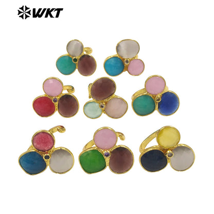 WT-R581 Fashion Lovely 18K Gold Plated Three Natural Cat Eye Stones Triangle Adjustable Women Rings For Anniversary Gift