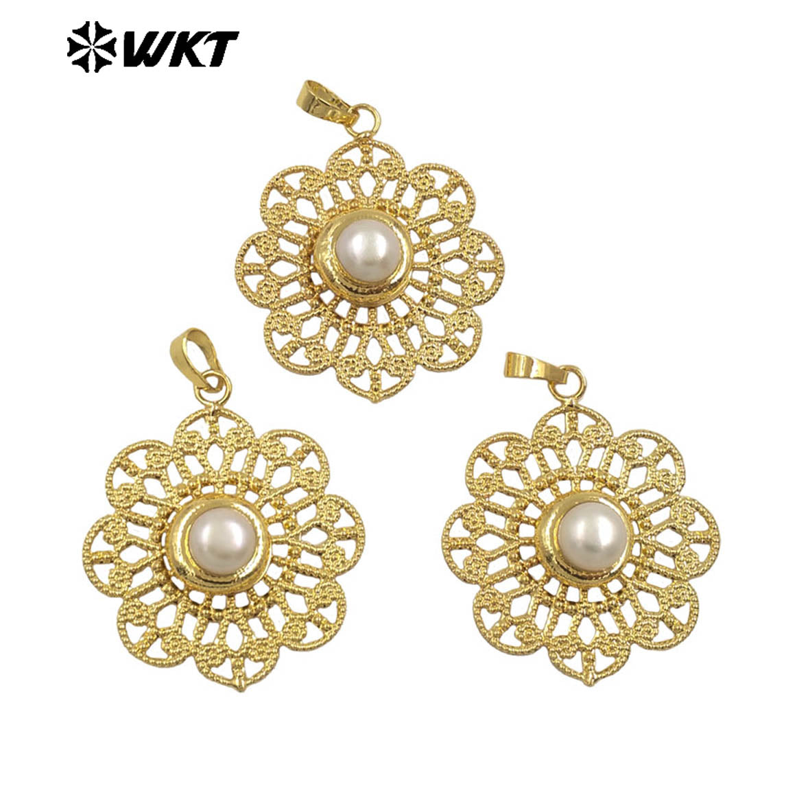 WT-JP367 Wholesale Newest Elegant 18K Gold Plated Trendy Women Hollow Real Freshwater Pearl Jewelry Pendants for Necklace