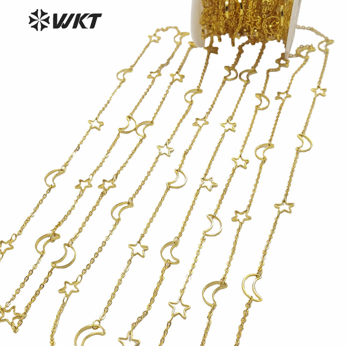WT-BC140 HOT Women Jewelry Moon and Star Chain for Necklace Gold Plated Sell by Meter Brass Star Chain for DIY CHAIN