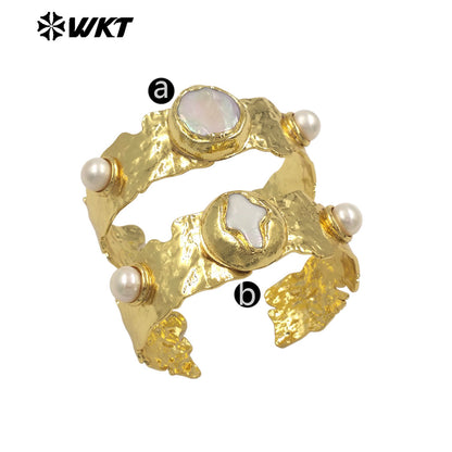 MPB131 The New Listing 18K Gold Electroplated Natural Freshwater Pearls Round And Cross Cuff Women Bangles For Friends Gift