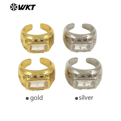 WT-MR040 Popular New Style Square Crystal 18K Gold Bezel Setting Unisex Ring for Daily Wearing