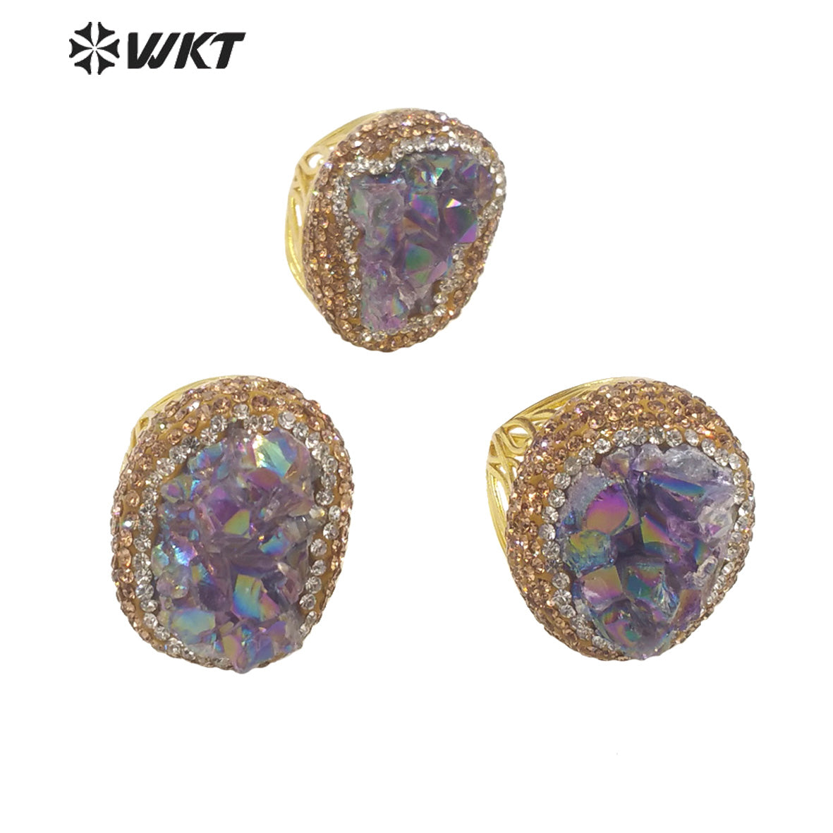 WT-R433 Fashion Oval Shape Aura Amethyst Stone Ring 18k Gold Bezel Setting Rhinestone Paved Druzy Amethyst Ring for Gift