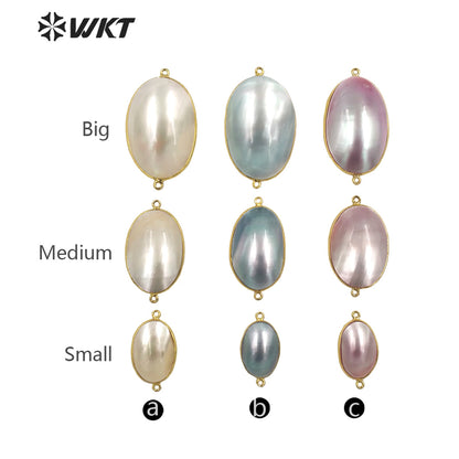 WT-JP339 Wholesale Fashion Double Loops Gold Bezel Shell Connectors Women Natural High Brightly Mabe Pendants for Necklace