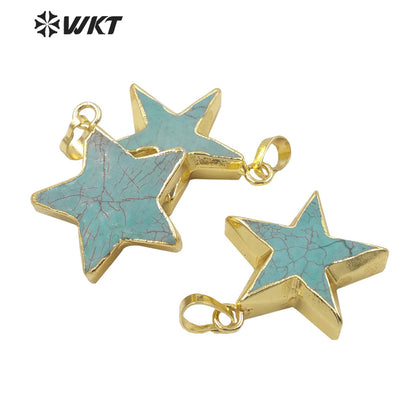WT-P1718 Newest Fashion Popular Gold Trim Natural Turquoise Star Pendant Healing Series Hand Carved Stone Star Jewelry