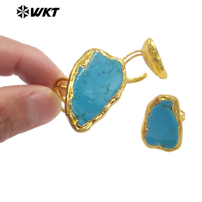 WT-R578 Factory Wholesale 18K Gold Plated Natural Green Turquoise Stone Geometric Shape Adjustable Ring As Friend Gift