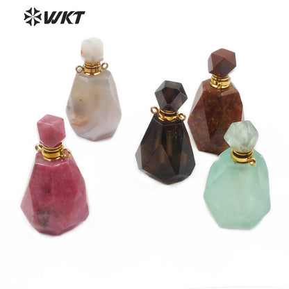 WT-P1479 Newest Natural Stone Perfume Bottle Pendant Smokey Quartz Pendant Rhodonite Pendant Stainless Steel Charm Jewelry